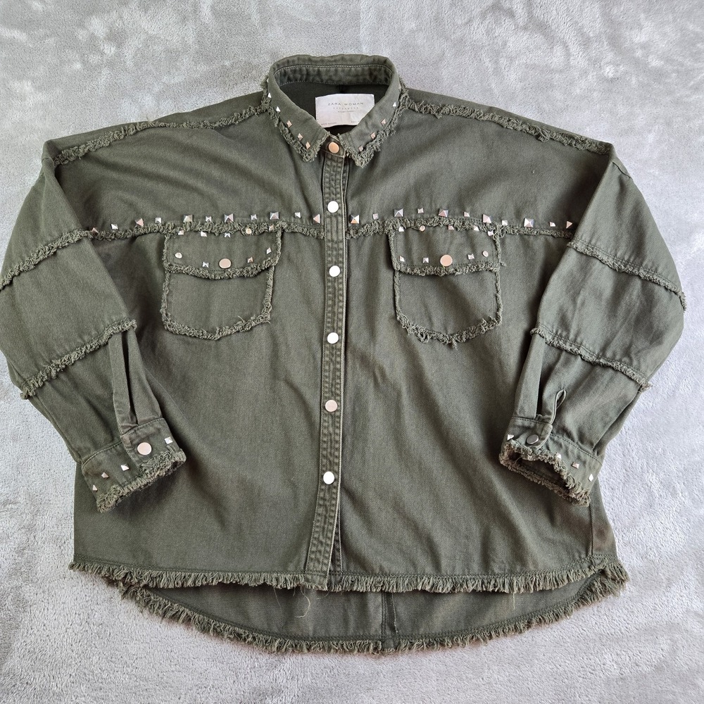 Zara Olive Green Studded Frayed Denim Jacket